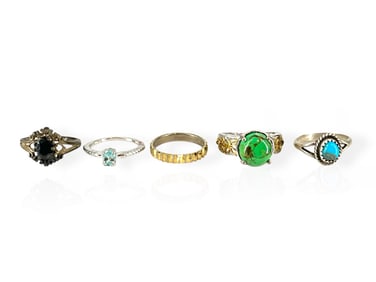 Five Silver and Silver-Tone Rings @ Approx Size 5 w/Lovely Turquoise, Onyx and More