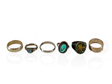 Six Silver Rings Including Bands, Abalone Stone and Inlay