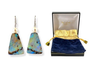 Stunning Large Boulder Opal and Cultured Pearl Custom-Made Earrings in 14k w/g