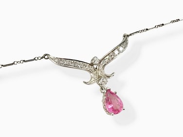 Beautiful White Gold Diamond Necklace with Pink Tourmaline Center Drop