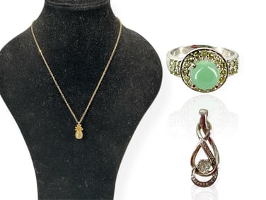 Size 10 Silver Ring w/Jade and Peridot Stones, Silver Pendant and Pineapple Necklace
