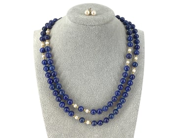 Lapis Lazuli Bead Necklace and Pearl Earrings w/ Silver Posts