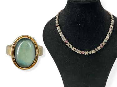 Silver Necklace with Rubies, Emeralds and Sapphires and Vintage Fashion Ring
