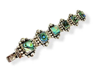 Showy Sterling Silver Mexican Bracelet with Abalone Plaques