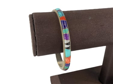 Lovely Sterling Silver Bracelet w/Inlaid Stones in Southwest Open-Cuff Style