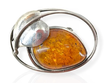 Modern Brooch with Amber Stone and Leaf Design