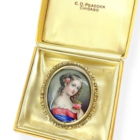 1800's Miniature of Beautiful Lady Vividly Painted on Porcelain in Gold-Filled Mounting in