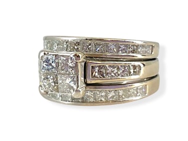 14k White Gold Three-Band Ring w/Multiple Princess-Cut Diamonds
