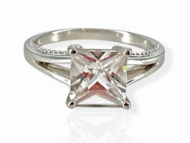 10k White Gold Ring with Princess-Cut DiamantÈ Crystal Solitaire