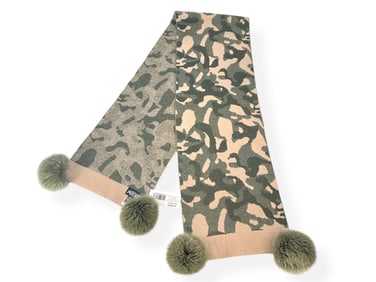 NWT Green & Beige Color 100% Wool and Fox Fur Scarf - Branded "MITCHIE'S"