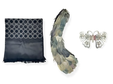 Vintage Designer Feather Collar, Dramatic Black Circles Scarf and Butterfly Hair Clip