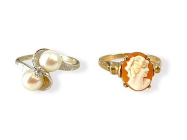 Two 10k Rings: One Has a Cameo - One has Twin Pearls