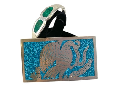 Cool Silver Bracelet with Malachite Inlay and Silver-Tone Belt Buckle