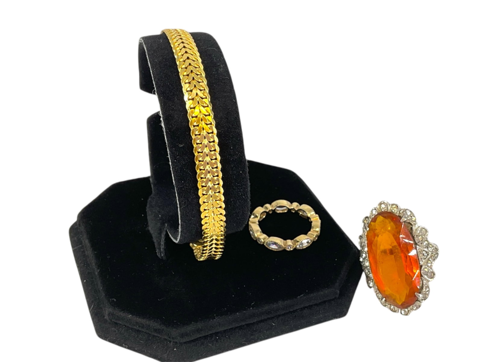Italian Made Gold Over Silver Bracelet, Large Fashion Ring w/Silver Mounting and Gold Over Silver: Italian Made Gold Over Silver Bracelet, Large Fashion Ring w/Silver Mounting and Gold Over Silver Band/Ring w/CZ Stones Lot features a 7" long, hallmarked "Made in Italy, 925" bracelet which tests sil