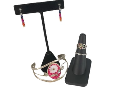 Silver-Tone Cuff Bracelet w/Inlaid Flower Feature, Silver Earrings w/Multi-Color Fashion Crystals,