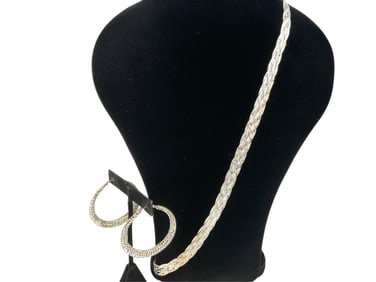 Sterling Silver Braided Chain and Sparkling Silver Hoop Earrings