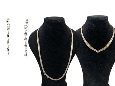 Liquid Silver Necklace, Silver Earrings and Silver Mesh Necklace