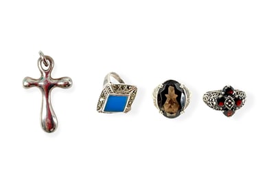 Three Pretty Silver Rings w/Garnets, Smoky Topaz & Blue Enamel and a Silver Cross