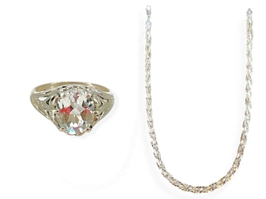 Loosely Braided Neck Chain in Silver and Fancy Silver Ring w/Sparkling Center Stone