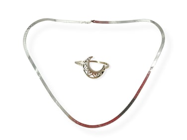Herringbone Chain in Silver and Silver Crescent Ring