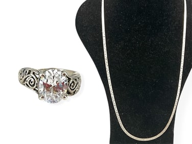 Reversible Herringbone Chain in Sterling Silver and a Lovely Silver Ring w/Sparkling Center