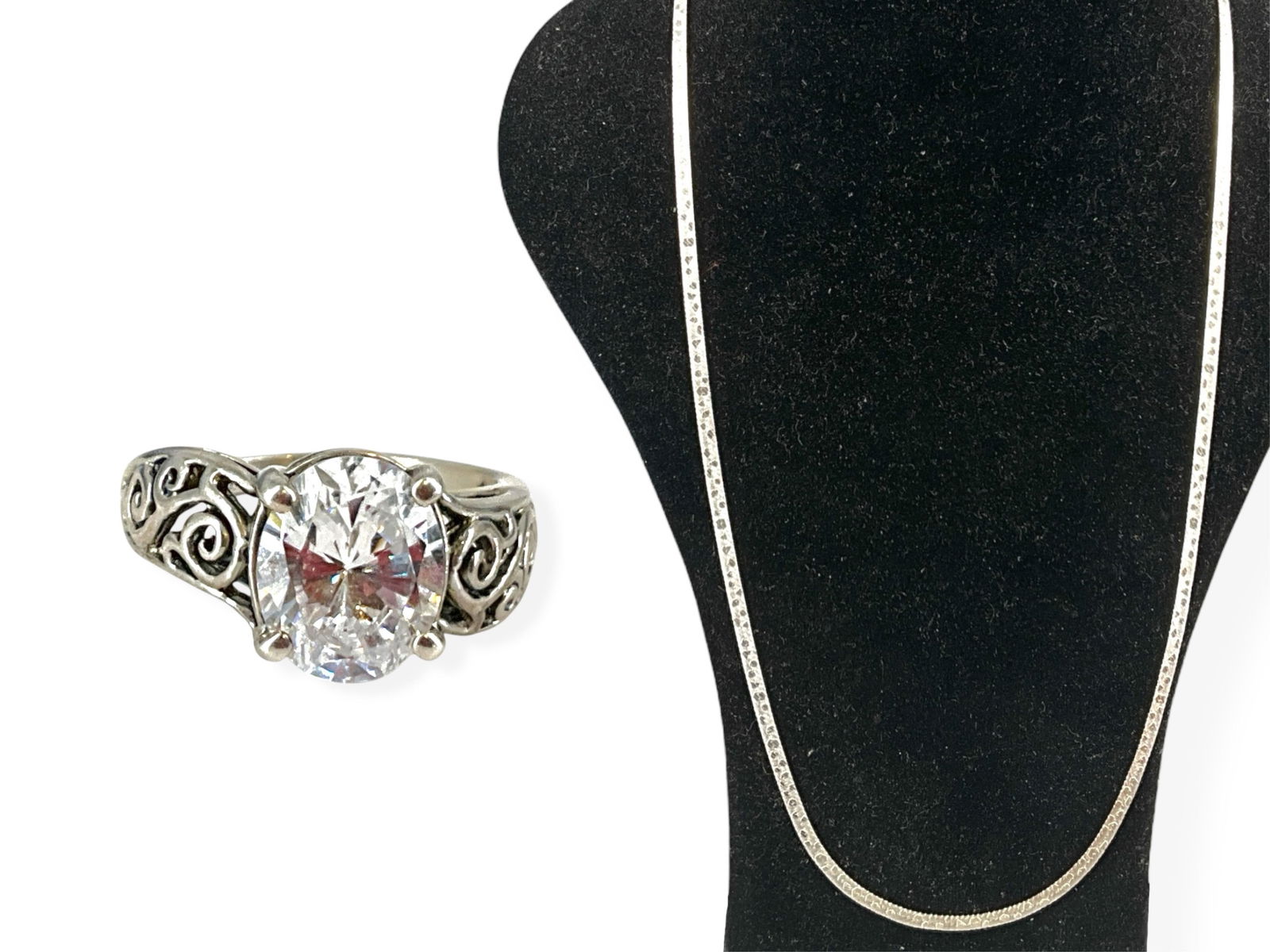 Reversible Herringbone Chain in Sterling Silver and a Lovely Silver Ring w/Sparkling Center (1 of 11)