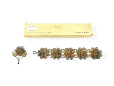 Vintage Filigree Bracelet & Brooch Made w/Gold-Plated Silver Made in Portugal