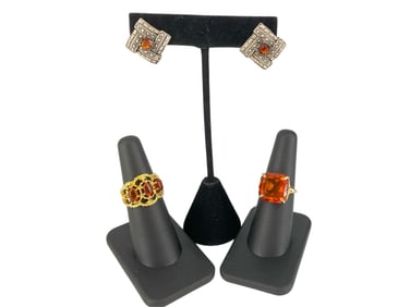 Two Rings w/Amber Stones and Silver-Tone Earrings w/Amber-Color Fashion Stones