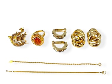 Vintage Brooch Styled as Galleon Sailing Ship, Vintage Signed "Napier" Earrings, Amber Ring and More