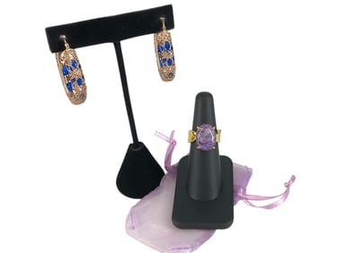 Pretty Hoop Earrings w/Plique-a-Jour Enamel and Ring with Purple Stone