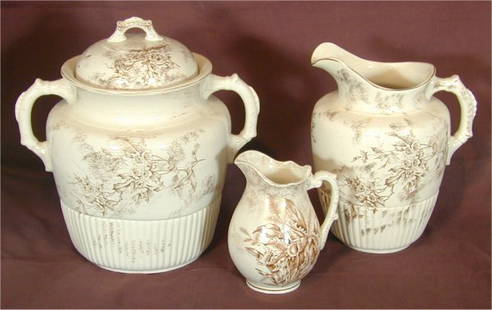 3 PC ENGLISH IRONSTONE WASTE BOWL & (2) PITCHERS,: 3 PC ENGLISH IRONSTONE WASTE BOWL & (2) PITCHERS, CRACKS ON WASTE BOWL