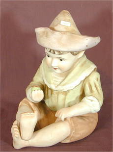 BISQUE FIGURE BOY EATING APPLE 13"H, MISSING HAT: BISQUE FIGURE BOY EATING APPLE 13"H, MISSING HAT DETAIL