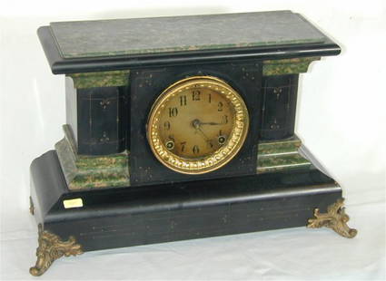 ANSONIA BLACK MANTEL CLOCK W/GREEN MARBLEIZED FIN: ANSONIA BLACK MANTEL CLOCK W/GREEN MARBLEIZED FINISH 16"L X 7"W X 11"H