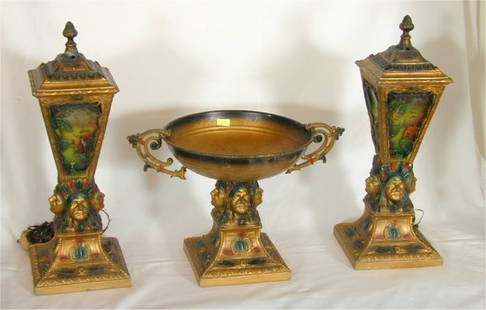 3 PC 1920'S PTD METAL GARNITURE SET W/REVERSE PTD: 3 PC 1920'S PTD METAL GARNITURE SET W/REVERSE PTD LIGHT PANELS & INDIAN MOTIF