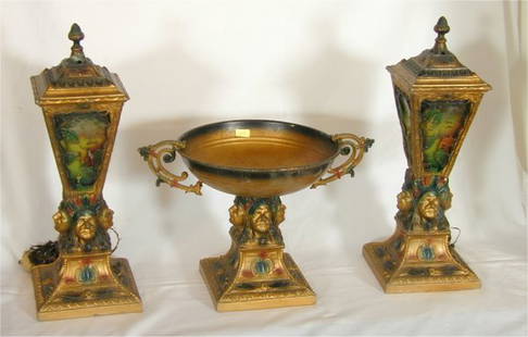 3 PC 1920'S PTD METAL GARNITURE SET W/REVERSE PTD: 3 PC 1920'S PTD METAL GARNITURE SET W/REVERSE PTD LIGHT PANELS & INDIAN MOTIF