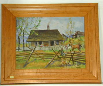 5318: BENTON CLARK OIL ON BOARD LOG CABIN HOMESTEAD SNG