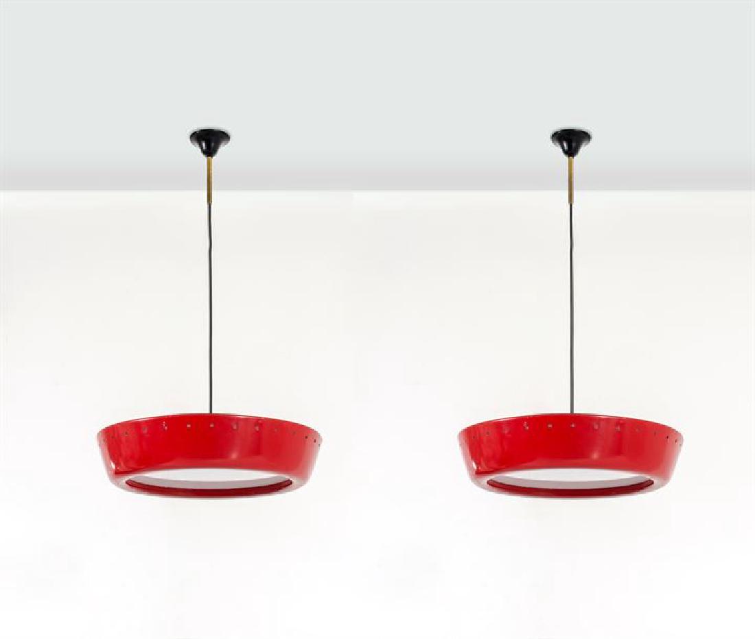 ESPERIA: Coppia di lampade a sospensione in metallo verniciato.Anni '50diam cm 46