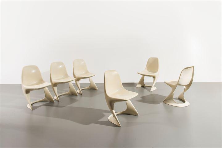 ERNST MOECKL: Sei poltroncine in vetro resina.Anni '70cm 79x48x51