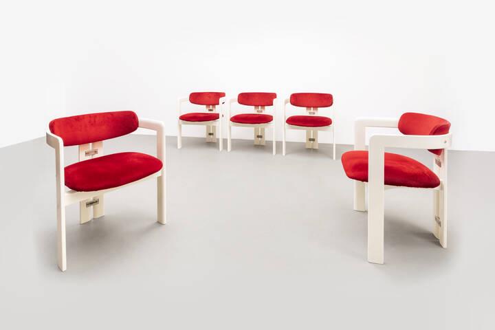 SAVINI AUGUSTO: SAVINI AUGUSTO Cinque poltroncine mod. Pamplona Legno laccato ottone nichelato rivestimenti in velluto. Prod. Pozzi anni '60 cm 71x57x52