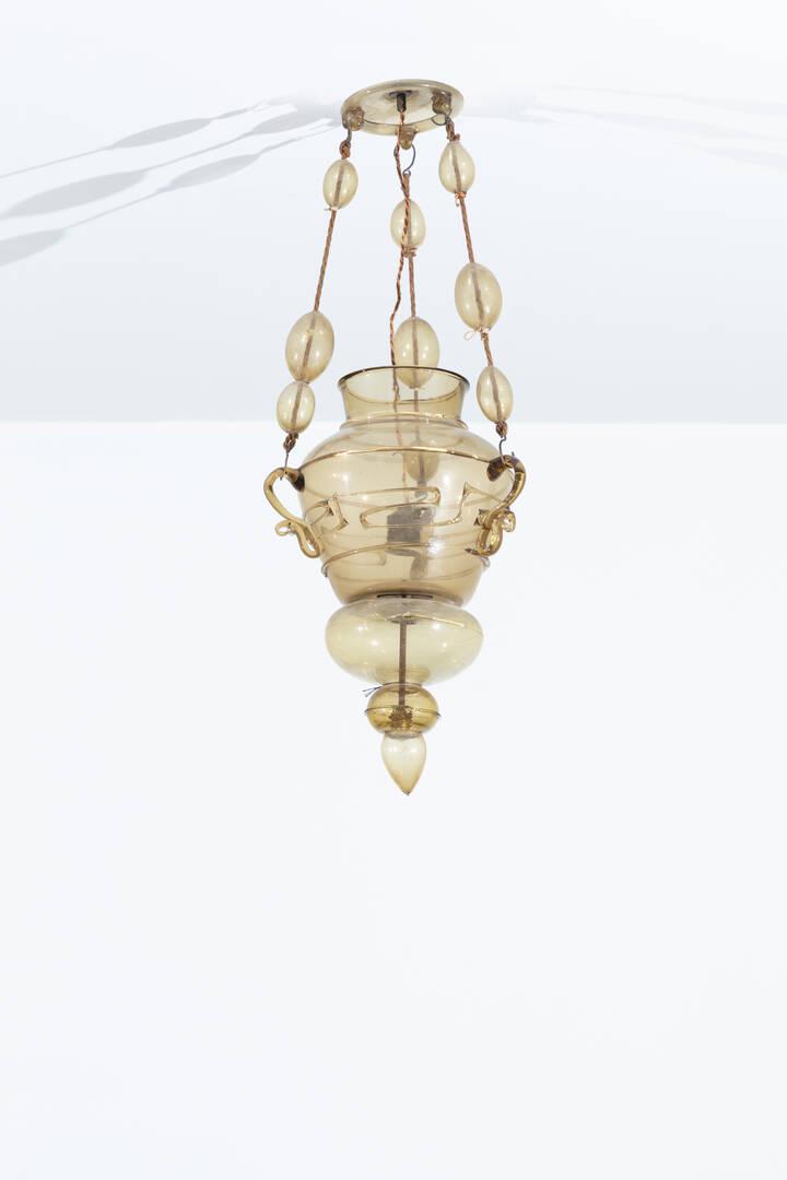 VENINI: VENINI Lanterna in vetro trasparente colorato, particolari in ottone. Anni '40 h cm 75