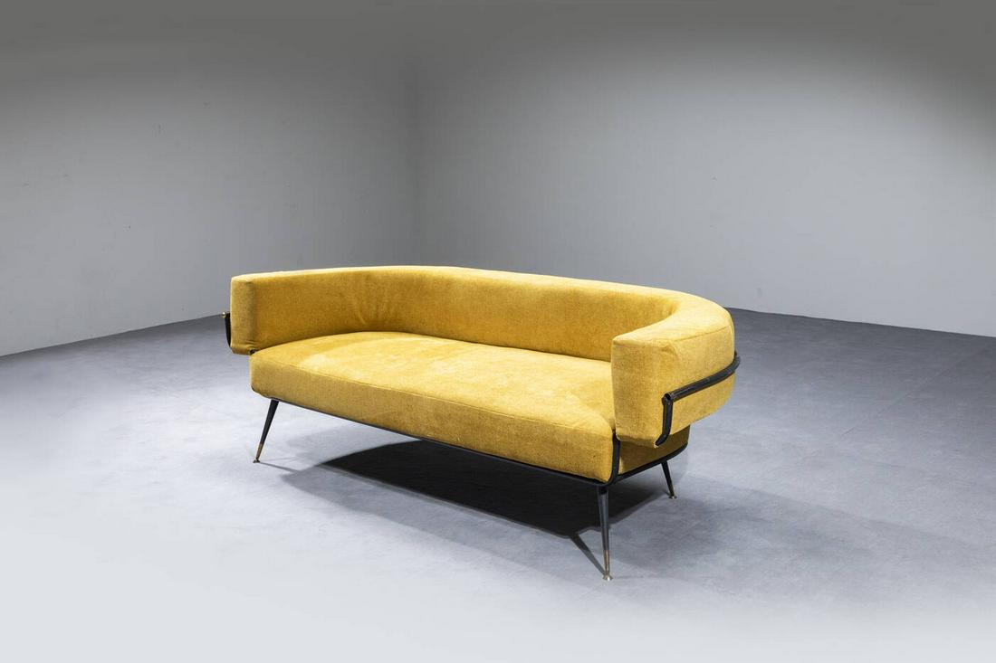 RITO VALLA: RITO VALLA Sofa Tubular painted metal, brass and upholstered fabric details. From the 1950s cm 65x186x75 Defects