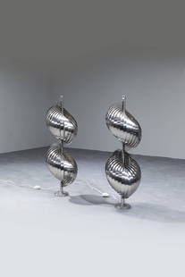HENRI MATHIEU: Pair of floor lamps in brushed aluminum. From the 1970s h cm 105