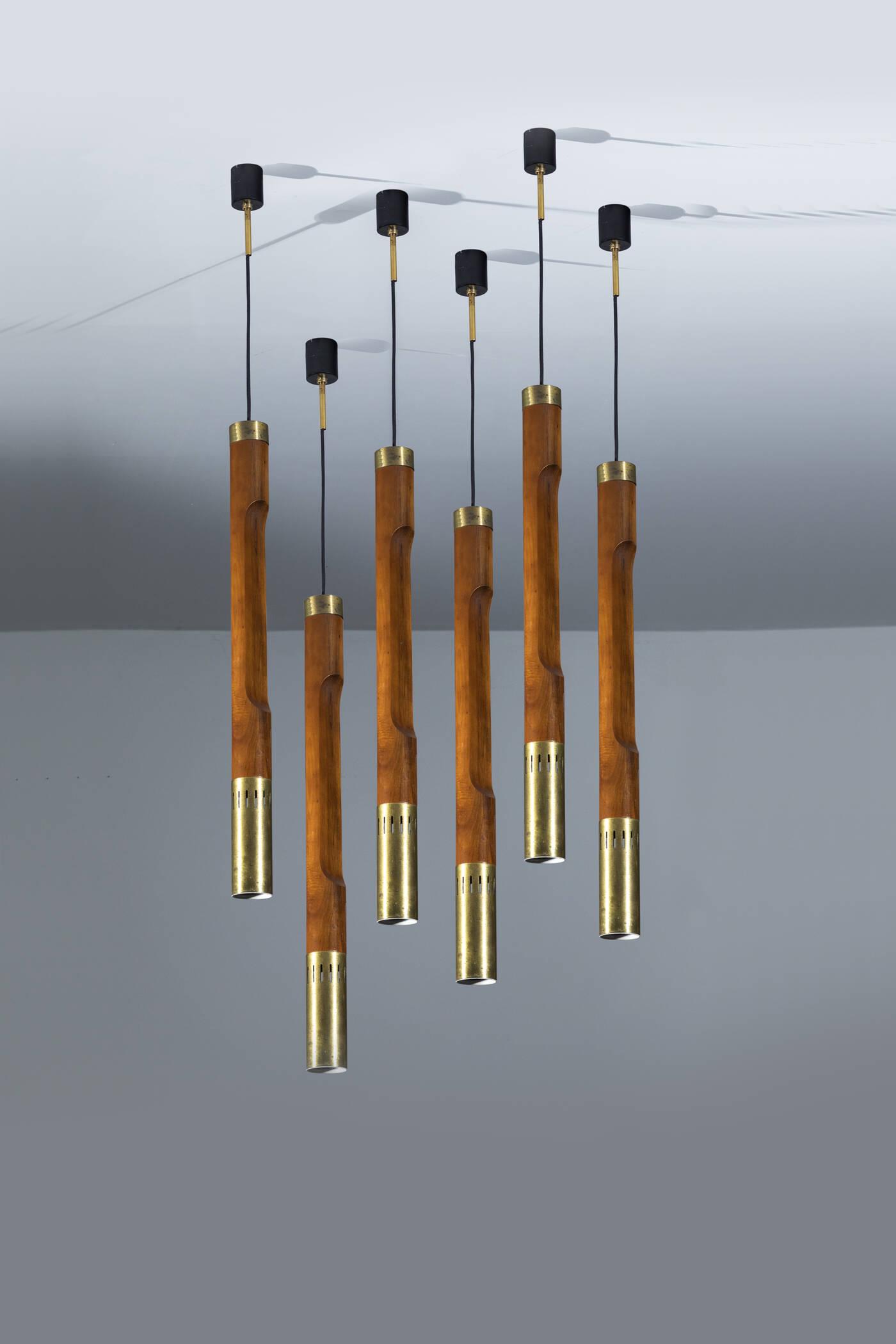 ESPERIA: ESPERIA Six pendants Wood and brass details. Prod. Esperia 70s h cm 117 Difetti