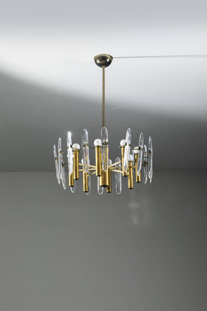 SCIOLARI: Satin brass with transparent glass elements. Prod. Sciolari, 70s h cm 83x58