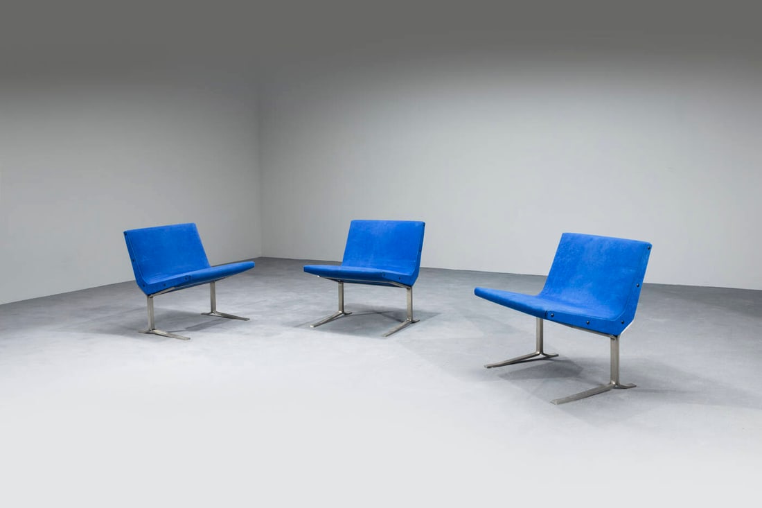 FORMANOVA: FORMANOVA Three armchairs mod. Alessandra Brushed steel structure, padded cushions covered in fabric. Manufacturer's mark 1970s cm 76x60x60