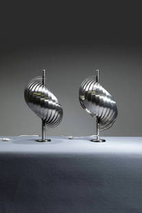 HENRI MATHIEU: HENRI MATHIEU Pair of table lamps Steel and brushed aluminum structure. 1970s h cm 60x30