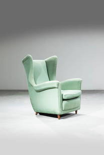 MELCHIORRE BEGA: MELCHIORRE BEGAPoltronaStruttura in legno, imbottitura rivestita in tessuto.Anni '50cm 108x80x90Bibl.: I. de Guttry e M.P. Marino, "Il mobile italiano degli anni '40 e '50, Ed. Laterza, pag. 100Piccol