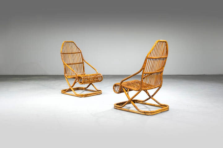 PRODUZIONE ITALIANA: PRODUZIONE ITALIANACoppia di poltroneStruttura in giunco e bamb.Anni '60cm 104x57x80Piccoli difetti