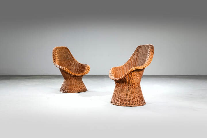 PRODUZIONE ITALIANA: PRODUZIONE ITALIANACoppia di poltroncineStruttura in vimini. Anni '60cm 86x67x65Piccoli difetti