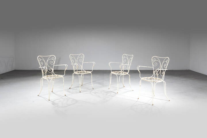 LIO CARMINATI, GIO PONTI: LIO CARMINATI, GIO PONTIQuattro poltroncineStruttura in metallo verniciato. Prod. Casa e Giardino, anni '30cm 90x60x45Difetti